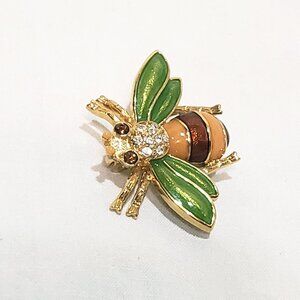Bee Bug Fly Rhinestone Enamel Green Brown Gold Tone Brooch Pin 1" Insect